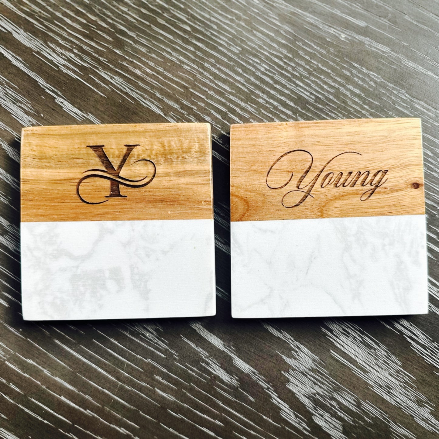 Personalized Marble & Acacia Wood Coasters