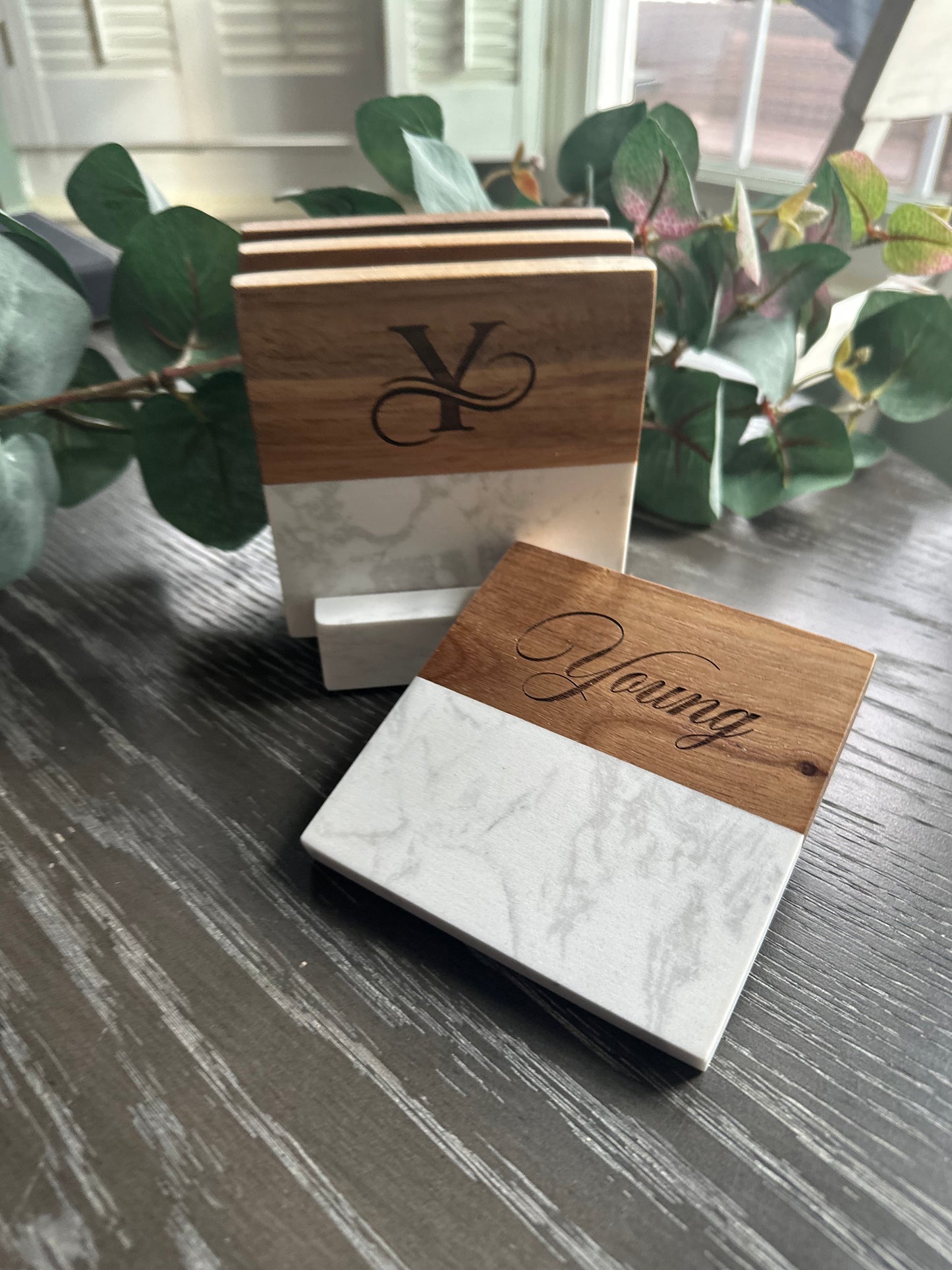 Personalized Marble & Acacia Wood Coasters