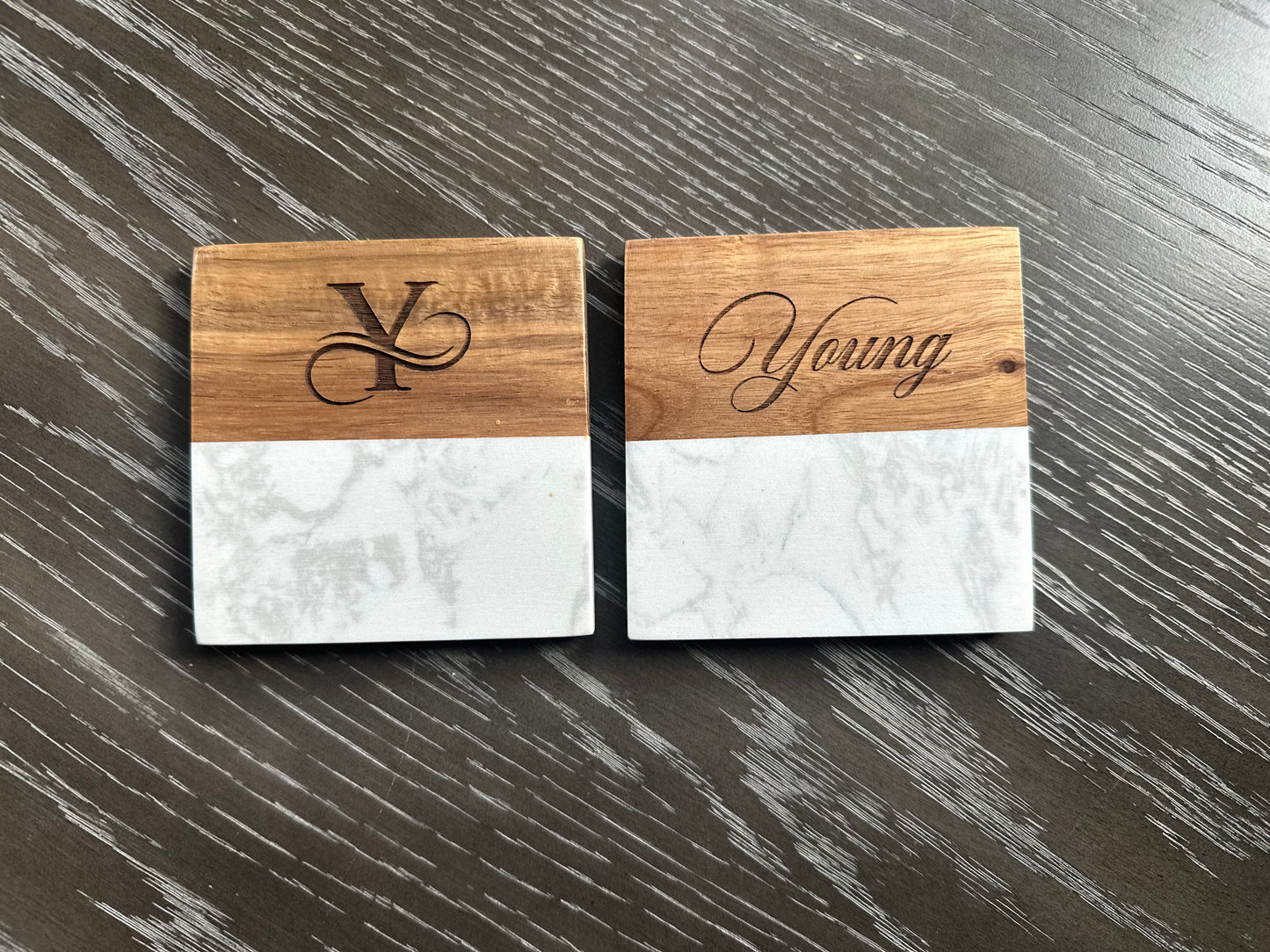 Personalized Marble & Acacia Wood Coasters