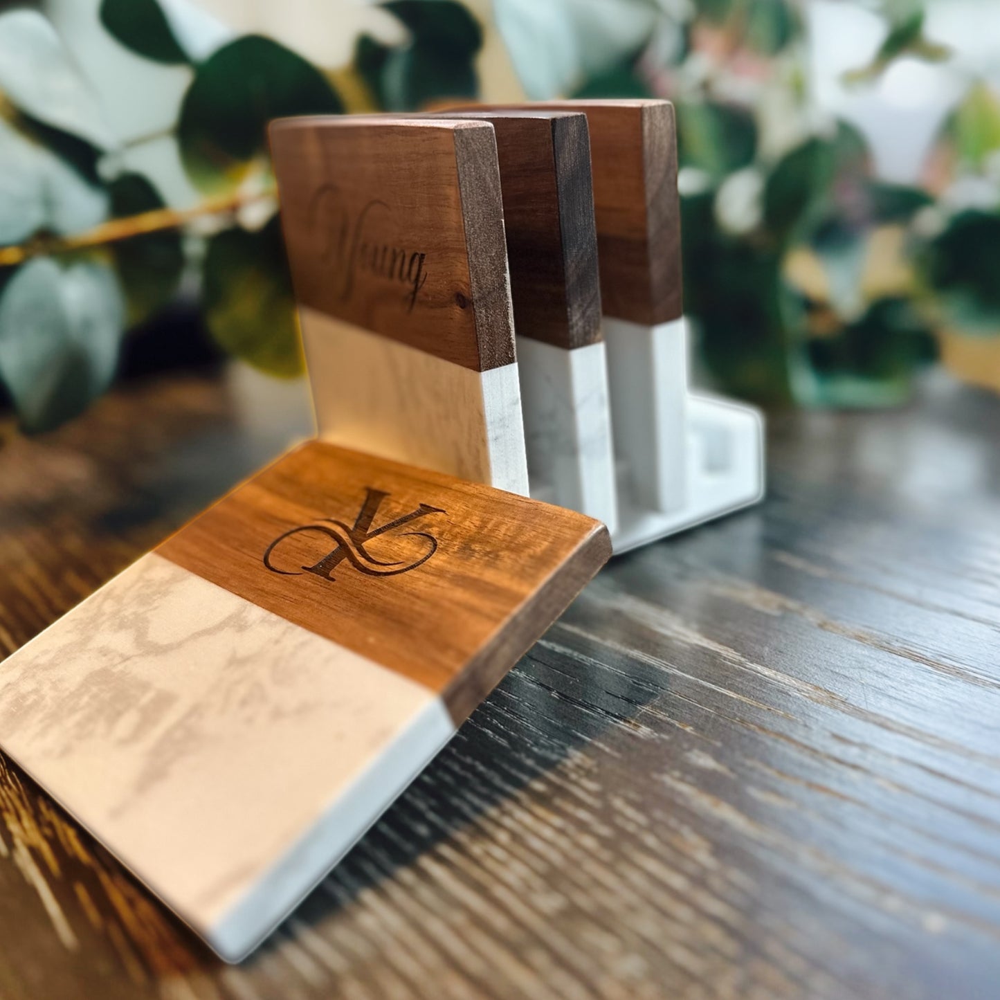 Personalized Marble & Acacia Wood Coasters