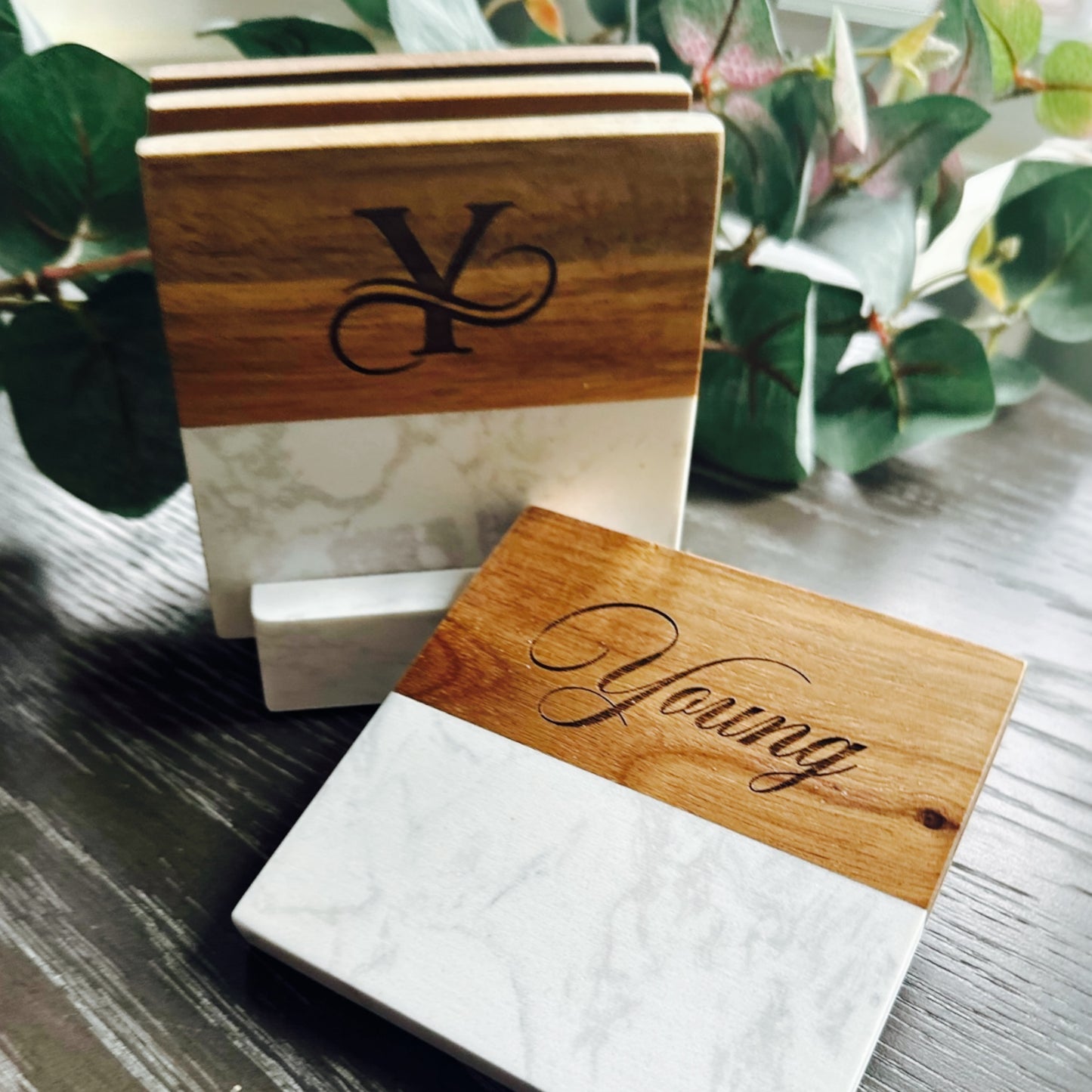 Personalized Marble & Acacia Wood Coasters
