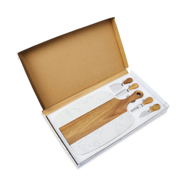 Personalized Marble and Acacia Charcuterie Board with Utensils