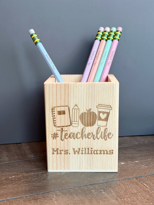 Personalized Wood Teacher Pencil Holder – Includes 5 Engraved Pencils
