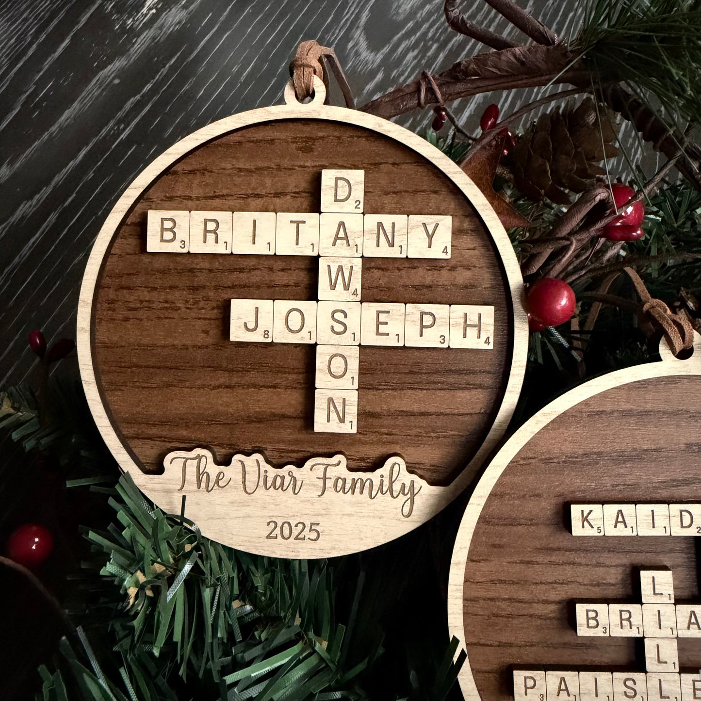 Personalized Family Crossword Ornament — Custom Letter Tile Design