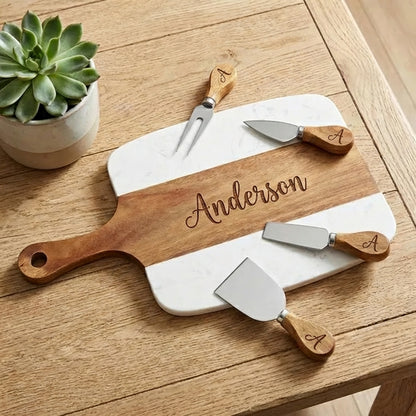 Personalized Marble and Acacia Charcuterie Board with Utensils