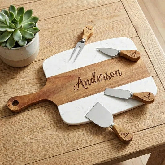Personalized Marble and Acacia Charcuterie Board with Utensils