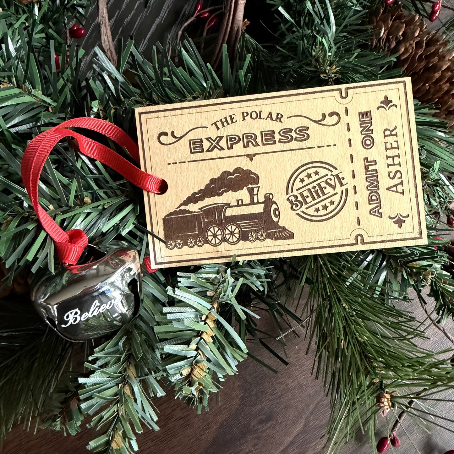 Train Ticket Ornament with Silver “Believe” Bell