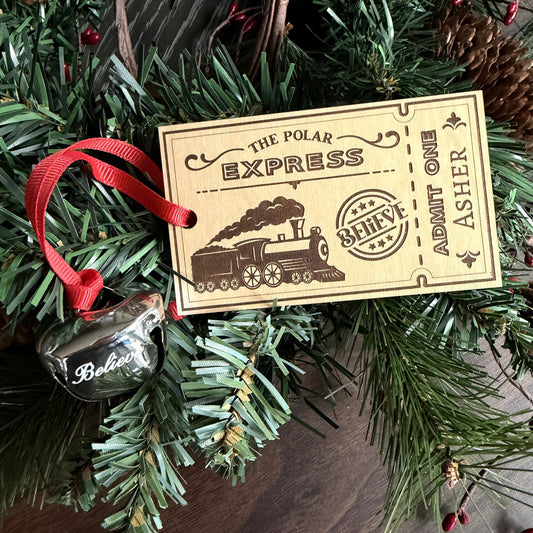 Train Ticket Ornament with Silver “Believe” Bell