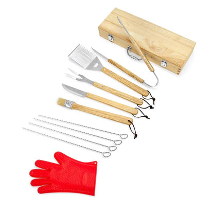 Personalized 11-Piece BBQ Grill Set with Wooden Case