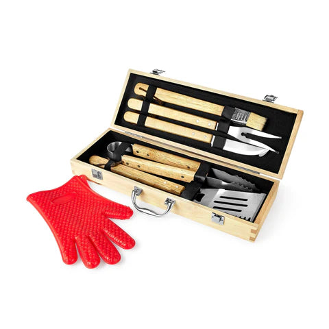Personalized 11-Piece BBQ Grill Set with Wooden Case