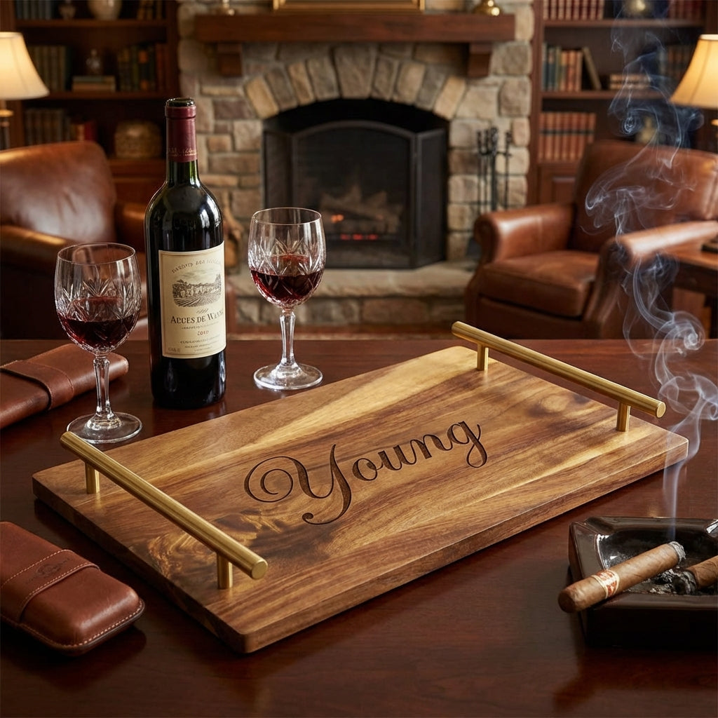 Handcrafted Wooden Serving Tray with Metal Handles – Customizable