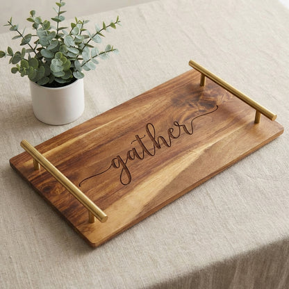 Handcrafted Wooden Serving Tray with Metal Handles – Customizable