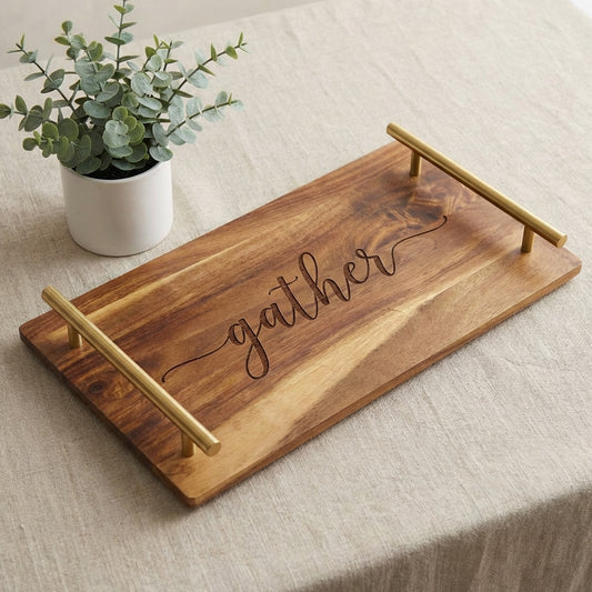 Handcrafted Wooden Serving Tray with Metal Handles – Customizable