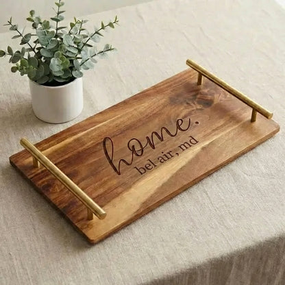 Handcrafted Wooden Serving Tray with Metal Handles – Customizable